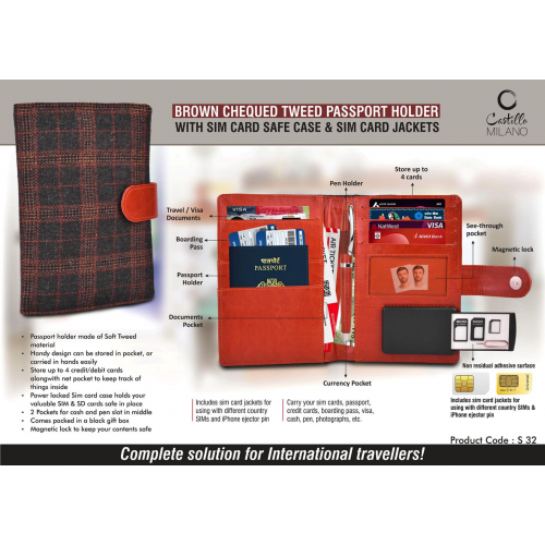 Brown Chequed Tweed Passport holder with Sim Card Safe Case & Sim Card Jackets