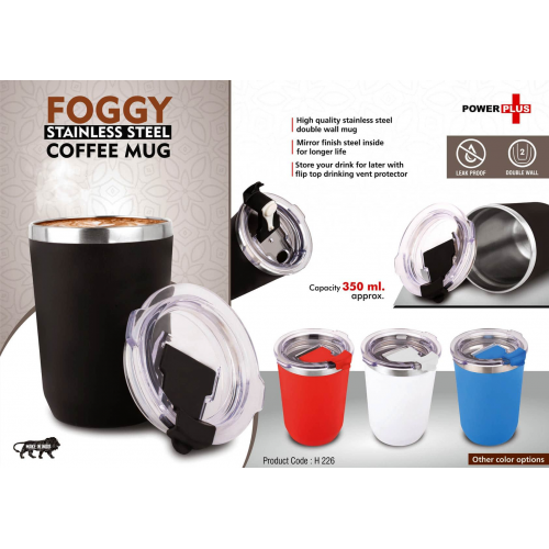 Foggy: Stainless Steel coffee mug Premium clear cap with flip top lid Leakproof Capacity 350ml - H226