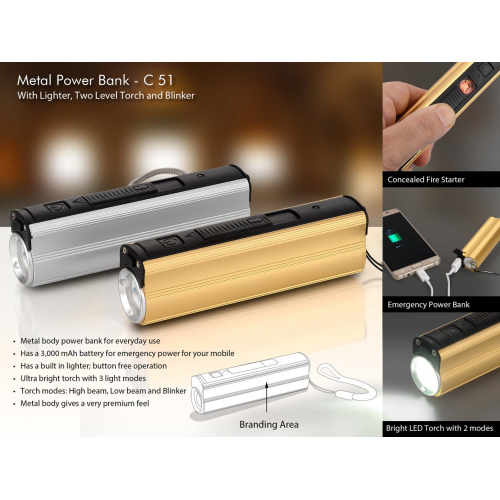 Metal Power bank with Lighter, two level Torch and blinker - C51