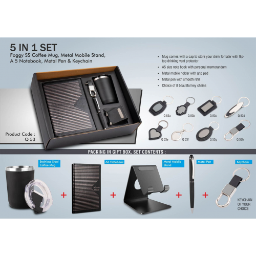 5 in 1 set: Foggy SS coffee mug, Metal pen, Metal mobile stand, A5 notebook and Keychain - Q53