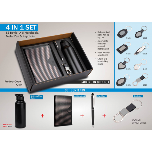 4 in 1 set: Stainless Steel bottle, metal pen, Metal keychain, A5 notebook - Q54