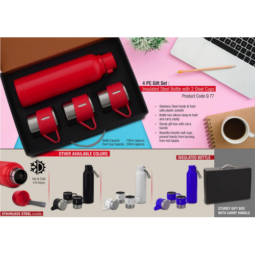 4 Pc Gift Set Insulated Steel Bottle With 3 Steel Cups - Q77