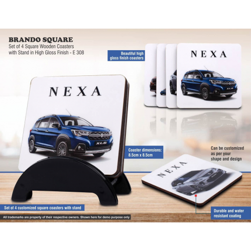 Brando Square: Set of 4 Square Wooden coasters with Stand in High Gloss Finish - E308