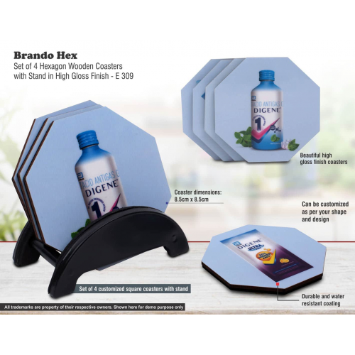 Brando Hex: Set of 4 Hexagon Wooden coasters with Stand in High Gloss Finish - E309