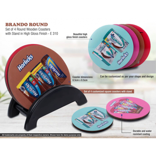 Brando Round: Set of 4 Round Wooden coasters with Stand in High Gloss Finish - E310