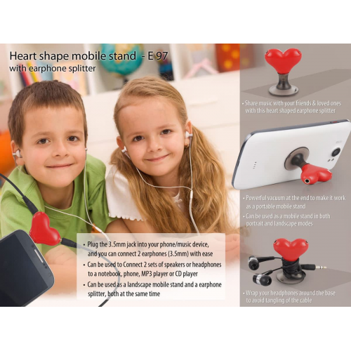 Heart shape vacuum mobile stand with earphone splitter - E97
