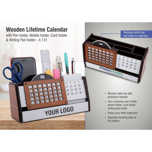 Wooden Lifetime Calendar With Pen Holder, Mobile Holder, Card Holder And Writing Pad Holder - A131
