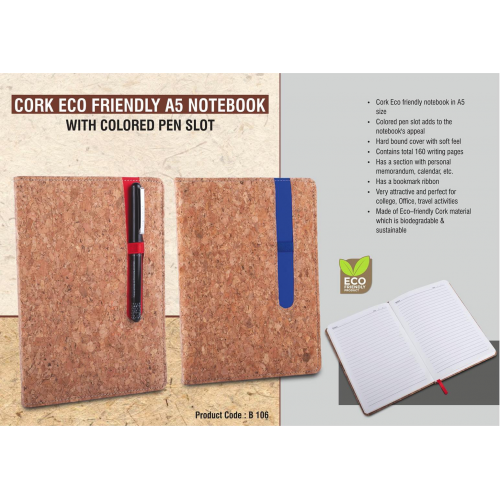 Cork Eco Friendly A5 Notebook With Colored Pen Slot | Hard Bound Cover | With Memorandum & Bookmark Ribbon| 80 Gsm Sheets |160 Undated Pages - B106