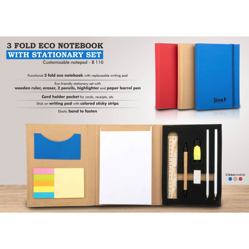 3 Fold Eco Notebook With Stationary Set Customizable Notepad - B110