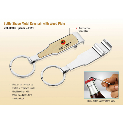 Bottle shape metal keychain with wood plate with Bottle opener - J111