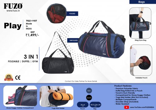 Fuzo Play 3 in 1 foldable duffle gym bag