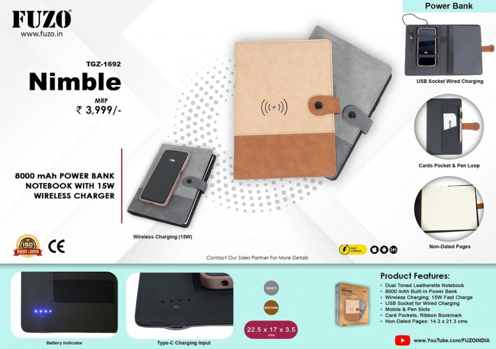 Fuzo Nimble 8000 mAh Powerbank notebook with 15W wireless charger TGZ-1692
