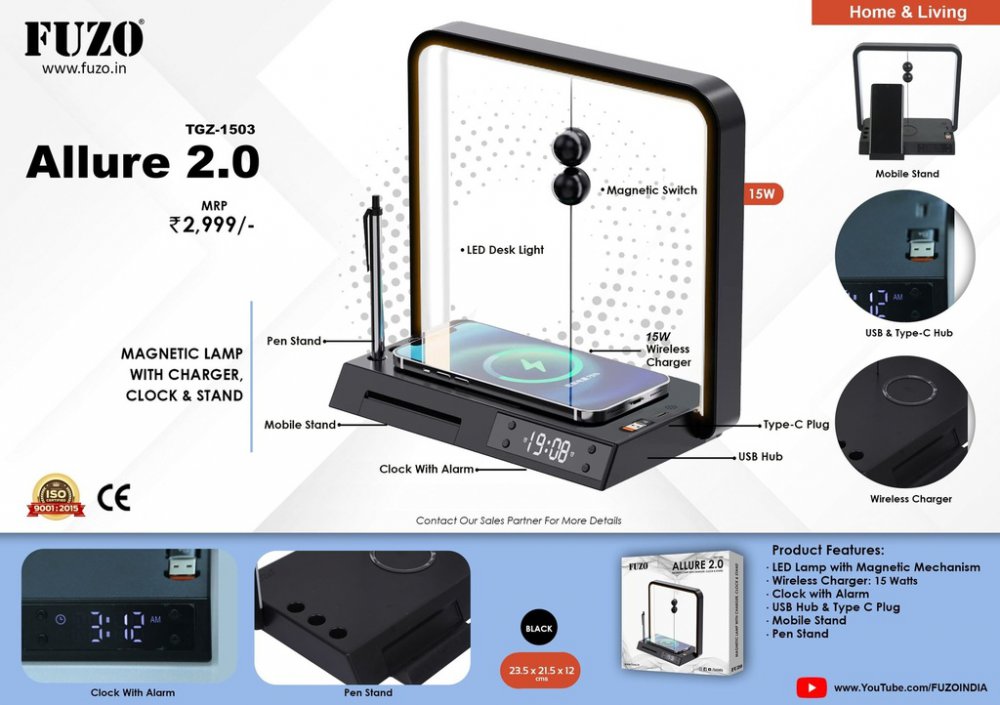 Fuzo Allure 2.0 Magnetic Lamp with Charger, Clock & Stand TGZ-1503